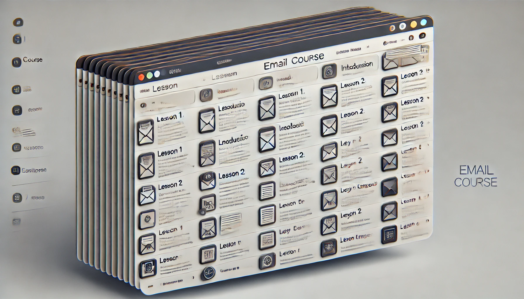 DALL·E 2024-09-06 12.26.14 - A wide aspect ratio, photo-realistic representation of an email course interface. The image shows a digital layout resembling an email inbox, with mul